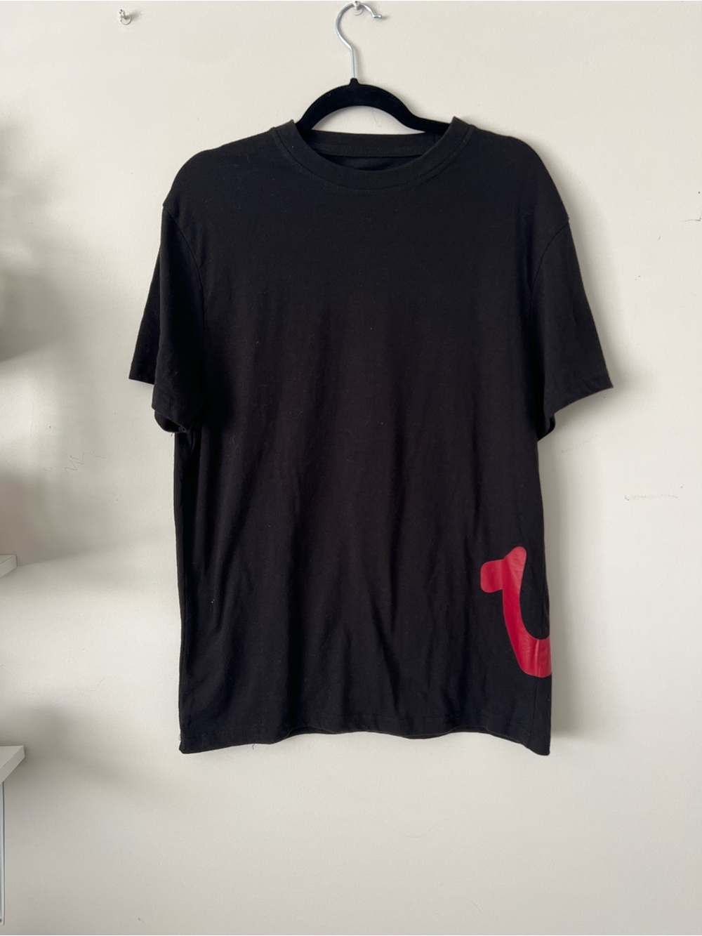 True Religion Black Short-Sleeve Crewneck Tee with Red Logo Accent